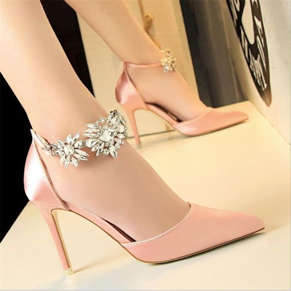 

elegant rhinestone women pumps high heels silk pointed toe buckle strap wedding pumps crystal party shoes women, Black