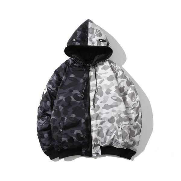 

tide brand cotton clothing mens designer cotton clothing boutique fashion jacket casual parker shark head skull color matching cotton coat, Black;brown
