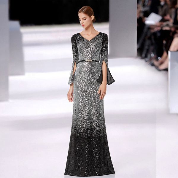 

gray sequins women qipao elegant stage show performance cheongsam bling bling full length dresses gown v-neck clothing, Red