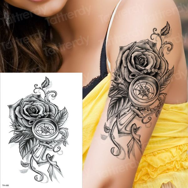 Temporary Tattoo Rose Compass Temporary Sleeve Tattoos Arm Black Tattoo 3D Sexy Tatoo Girl Women Body Art Tatto Sticker Decal Temporary Tattoo