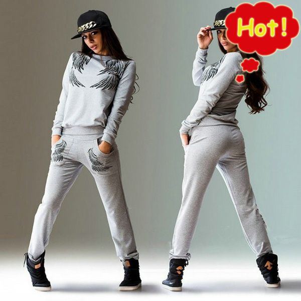 

2019 new wing print women's fashion o-neck long sleeve set suits for women hoodies sweatshirt + long pants lady female g3p7, Black