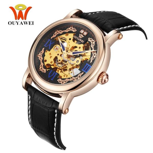 

new oyw brand automatic mechanical men wristwatch leather strap black gold fashion casual waterproof dress skeleton watch gifts, Slivery;brown