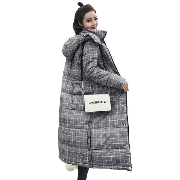 

winter loose long down coat jacket plaid thick warm women casaco feminino abrigos mujer invierno cotton padded wadded parkas, Black
