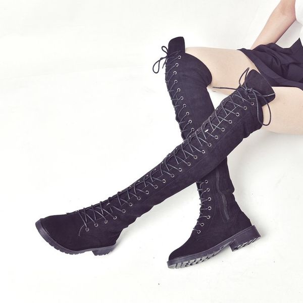 

new lace up over knee boots women boots flats shoes woman square heel rubber flock botas winter thigh high, Black