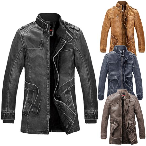 

fashion men's autumn winter outdoor camping hiking pocket button thermal leather jacket coat, Blue;black
