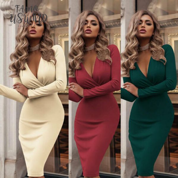 

women summer long sleeve v neck bandage bodycon evening party dress high waist solid pencil dresses, Black;gray