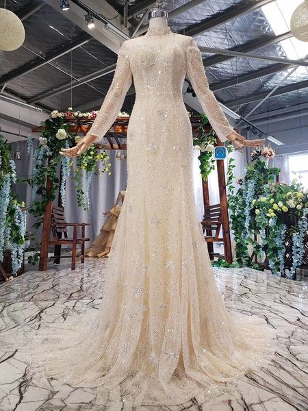 

popular organza royal high end long sleeve high collar wedding dress, White