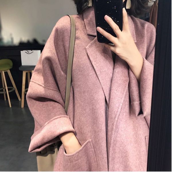 

korea 2020 autumn and winter popular new wool cashmere coat loose long section woolen woolen coat female winter 19b-a624, Black