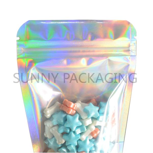 

100 pcs one side clear and hologram foil stand up zip lock pouch hologram standing zip lock bags storage bags ing