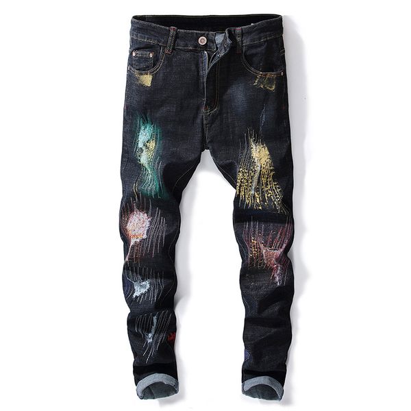 

men's jeans mens spring colored painted patchwork ripped denim trousers casual high street trendy holes slim pants, Blue