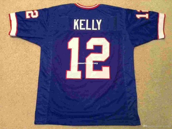 

retro custom sewn stitched #12 jim kelly blue mitchell & ness jersey men's football jerseys running, Black;blue