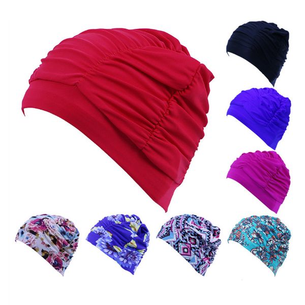

new womens stretch seaside fold swim cap hat lady girls long hair swim cap stretch hat drape bathing swimming