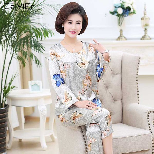

caiyier silk pajamas long sleeve pyjamas set for women flowear print nightwear casual sleepwear satin new 2019 pajamas suit 4xl, Blue;gray