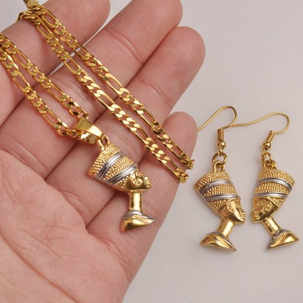 

egypt nefertiti queen portrait pendant necklace & earrings egyptian women,two tone african jewelry party sets, Silver