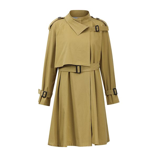 

2019 new autumn women windbreaker waistband leisure khaki color windbreaker o-neck adjustable waist woman clothes jackets coat, Tan;black