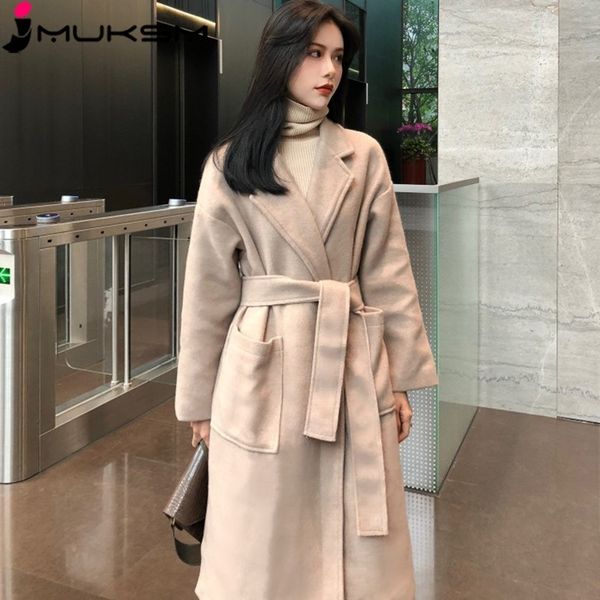 

2019 new women woolen coat plus size loose thicken long sleeve turn-down collar belt overcoat warmth slim wool long coat zo018, Black