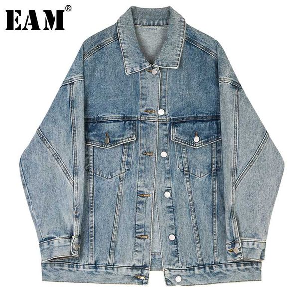 

eam] loose fit blue split joint pocket denim big size jacket new lapel long sleeve women coat fashion tide spring 2020 1s260, Black;brown