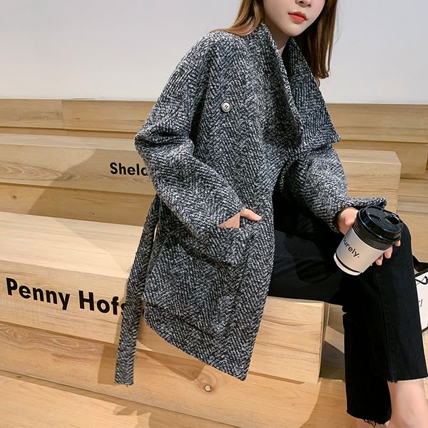 

women's wool & blends coat women winter 2021 autumn and korean fashion loose herringbone woolen plus size, Black