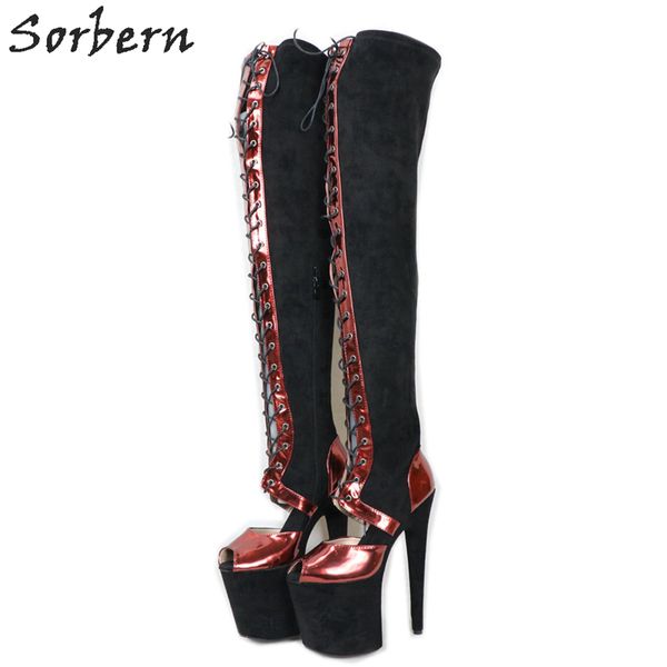 

mid thigh stretched boots women 20cm extreme high heel open toe lace up long stripper heels pd boot custom slim legs, Black