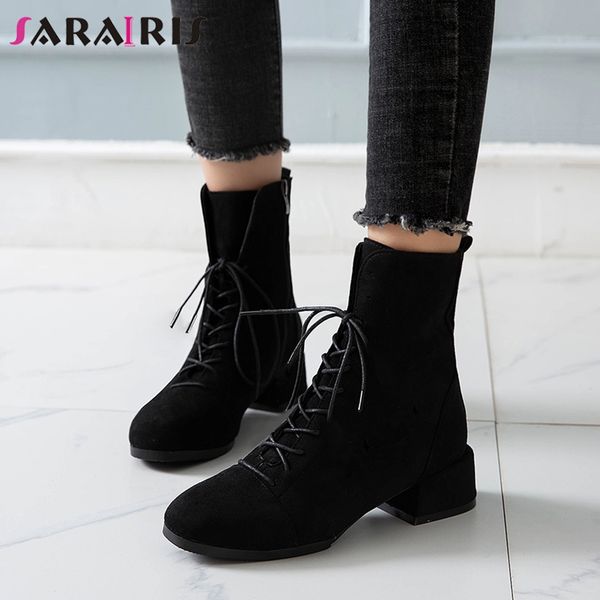 

sarairis new elegant female lace-up boots women med chunky heels boots black flock ankle shoes woman