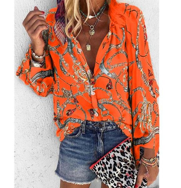 

дизайнерская цепочка печатных женских рубашек мода плюс размер блузки с длинным рукавом повседневные однобортные женские топы, White