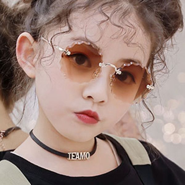 

child cute round rimless frame sunglasses children kids gray pink blue lens fashion boys girls uv400 protection eyewear