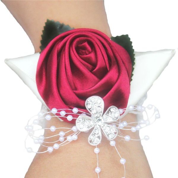 

5piece/lot bride wedding wrist corsage flower silk ribbon rose bridesmaid rose bracelet crystal hand decorative party sw0677y-2