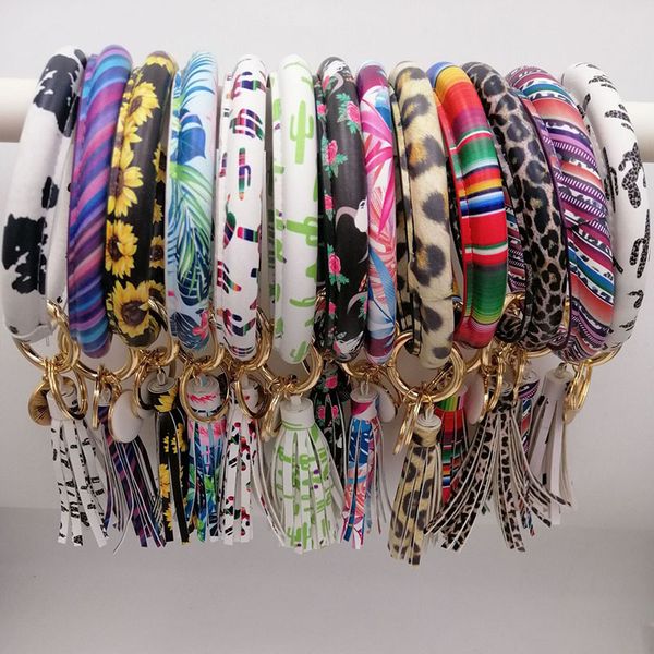 

33 colors pu leather tassel bangle keychain bracelet key ring sunflower leopard cactus solid candy color keyring pendant gifts wx9-1649