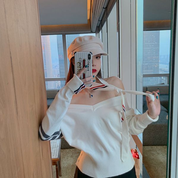 

tb four stripe split button knitted sweater long sleeve white grey v-neck designer brand casual women off shoulder tie thin, White;black