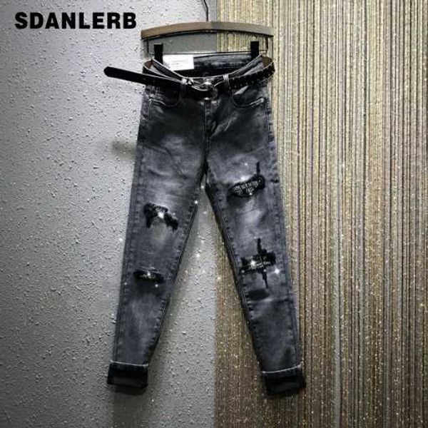 

stretch jeans woman 2020 spring new ripped high-waist slim-fit tight-fit denim pencil jeans women's smoke gray jean, Blue