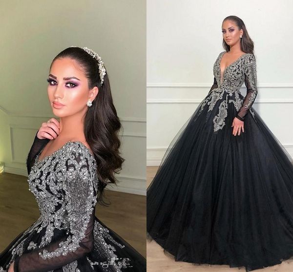 

african black ball gown prom dresses long sleeve 2019 formal deep v neck luxury beading lace applique tulle arabic evening dress party gowns, Black;red