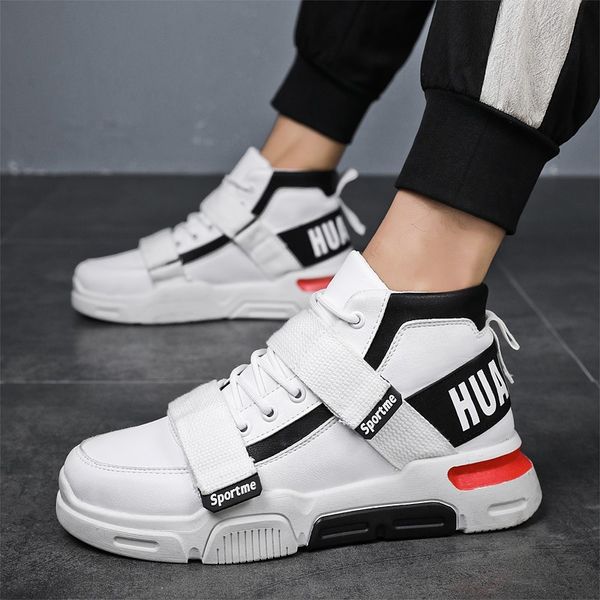

mens shoes genuine leather fashion autumn winter men's white high sneakers hook & loop casual shoes men youth hip hop, Black