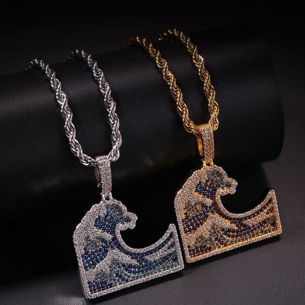 

New Arrivel Iced Out Cubic Zircon Sea Wave Pendant Necklace Hip Hop Gold Silver Color Men Charm Chain Jewelry