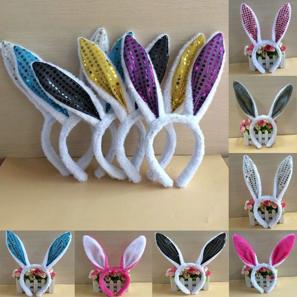 

children long rabbit ear plush hair hoop candy colors sequins kid sticks boy girls easter gifts cosplay headwear props, Slivery;white