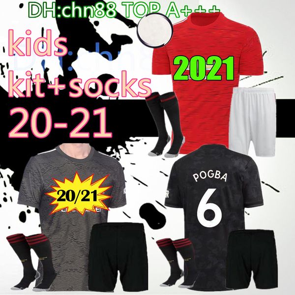 

20 21 pogba manchester soccer jersey kids kit+socks 2020 2021 jerseys utd united alexis rashford lingard football shirt boys rashford kit, Black