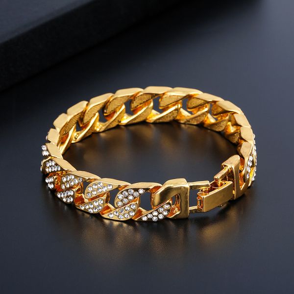 

european and american fashion street hip hop full of cuban chains hiphop exaggerated hip hop bracelet gold silver options, Black