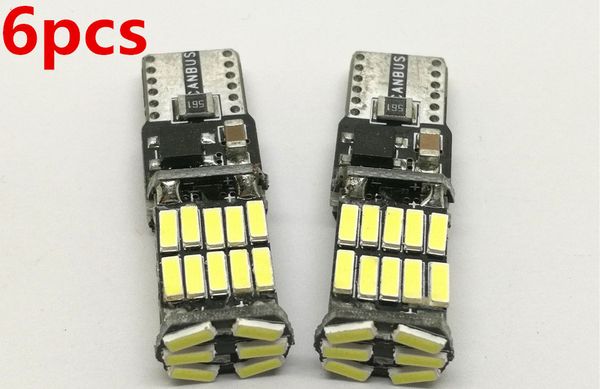 

6pcs t10 w5w 194 501 led canbus no error car lights 26 smd 4014 chip white reading instrument light bulb 12v 5w5 auto warm white