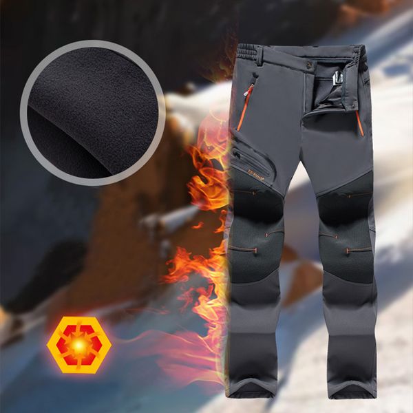 

winter men women hiking pants outdoor softshell fleece trousers waterproof windproof thermal for camping skiing trekking pants, Black;green