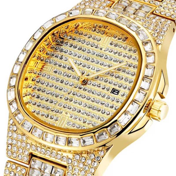 

new full diamond mens watches quartz wristwatches stainless steel calendar waterproof luxury men's watch male gift, Slivery;brown