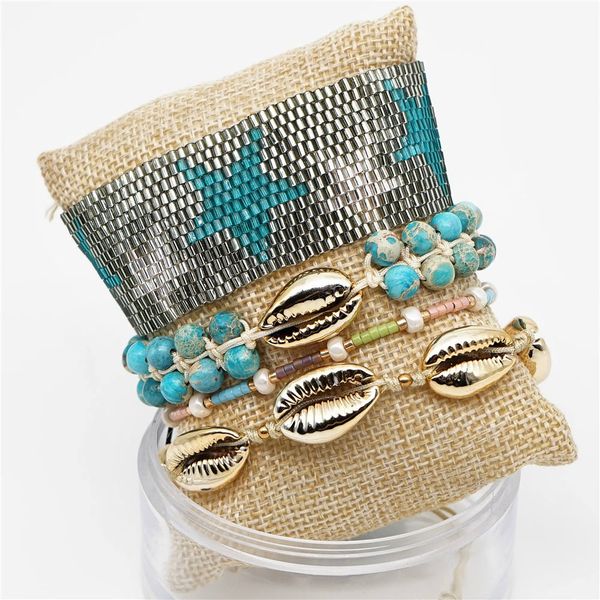 

rttooas stars miyuki seed beads cuff bracelet set ethnic tassel bracelets shell handmade woven jewelry friendship gifts, Golden;silver
