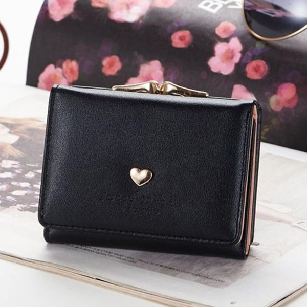 

women love heart clutch purse metal frame coin pocket tri-fold short portable mini small lock snap closure wallet pu leather, Red;black