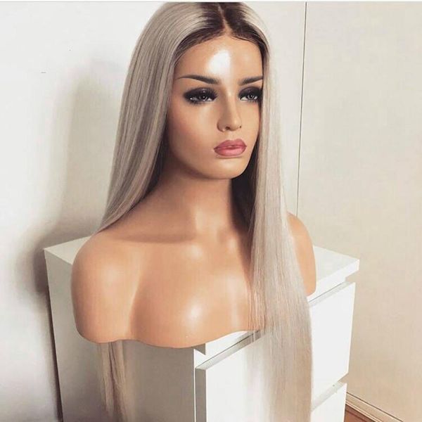 

light grey lace front wig middle part straight ombre wig glueless heat resistant synthetic wigs for black women