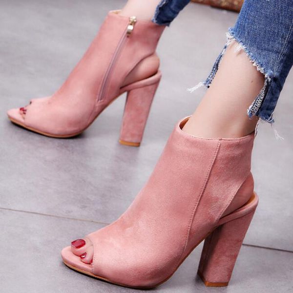 

flock ankle boots for women summer peep toe high heels ladies shoes square heel platform zip plus size 34-43 boots woman, Black