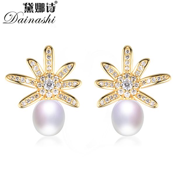 

dainashi 925 sterling silver zircon gold color daisy stud earrings new 100% genuine natural freshwater pearl earrings for women, Golden;silver
