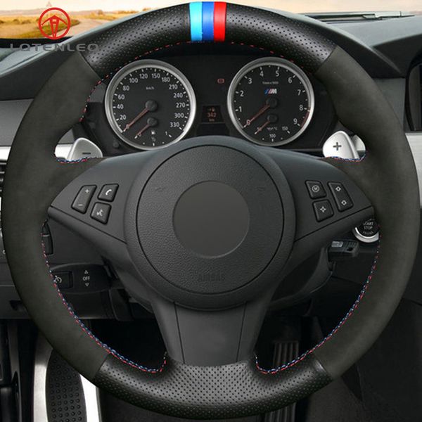 

black leather suede diy car steering wheel cover for bmw e60 e61 touring 530d 545i 550i e63 coupe e64 630i 645ci 650i