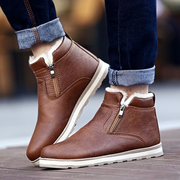 

men winter warm boots casual shoes men fashion plush snow boots ankle fur leather footwear, Black