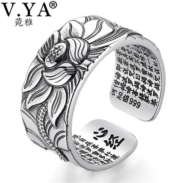 

v.ya 100% real 999 pure silver jewelry lotus flower open ring for men male fashion size buddhistic heart sutra rings gifts j190704, Slivery;golden
