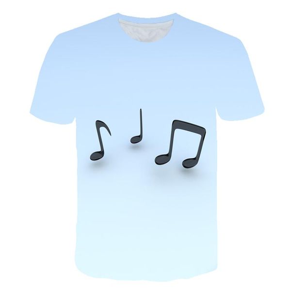 

summer men's 3d printing t-shirt solid color musical notes printing t-shirt men's summer black round neck t-shi, White;black