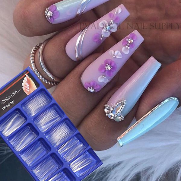 

100pcs fake nails coffin half cover tapered long coffin false nail tips acrylic uv gel tool, Red;gold