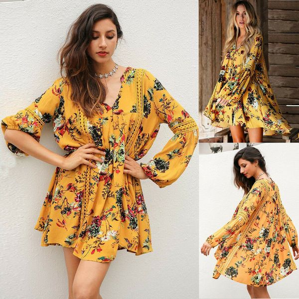 

women summer long sleeve v-neck beachwear dresses ladies boho yellow floral loose beach mini dress, Black;gray